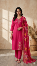 Inaayalina Pink Floral Embroidered Kurta Set with Printed Dupatta