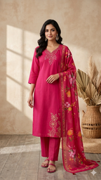 Inaayalina Pink Floral Embroidered Kurta Set with Printed Dupatta