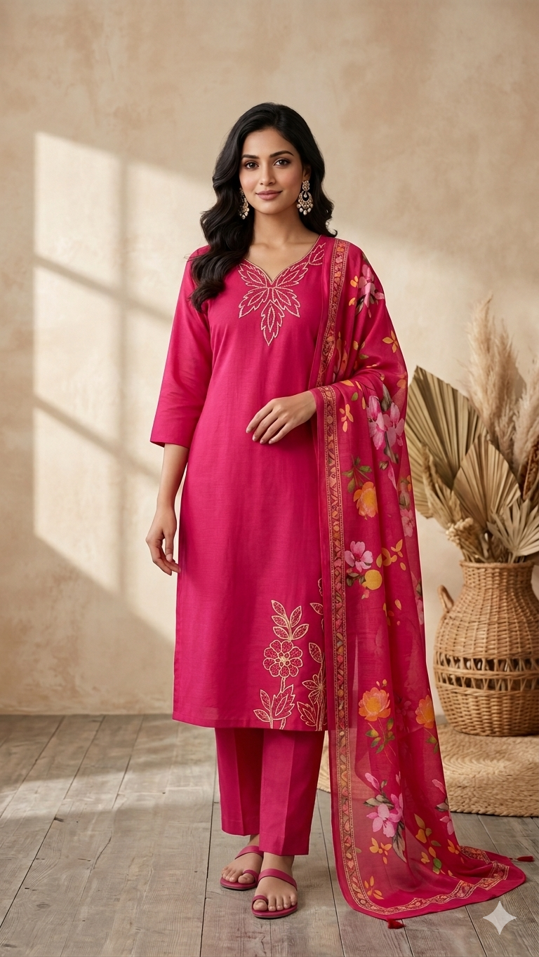 Inaayalina Pink Floral Embroidered Kurta Set with Printed Dupatta