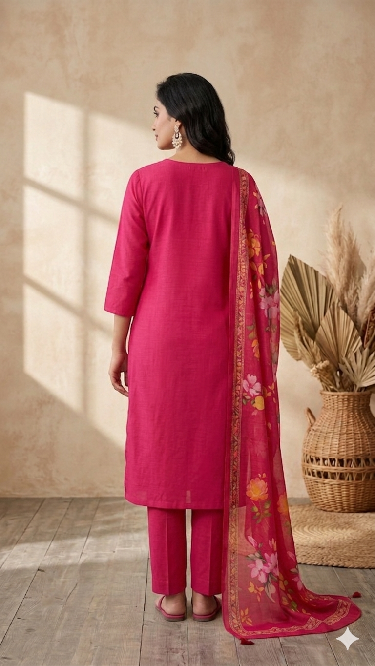 Inaayalina Pink Floral Embroidered Kurta Set with Printed Dupatta