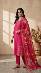 Inaayalina Pink Floral Embroidered Kurta Set with Printed Dupatta