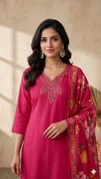Inaayalina Pink Floral Embroidered Kurta Set with Printed Dupatta