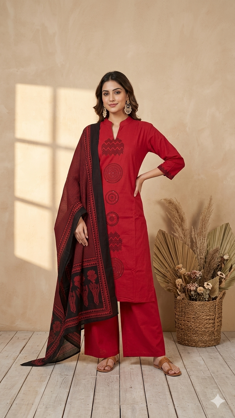 Inaayalina Maroon Red Cotton Kurta Set with Printed Dupatta