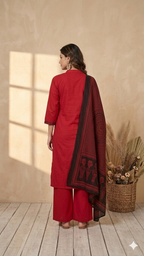 Inaayalina Maroon Red Cotton Kurta Set with Printed Dupatta