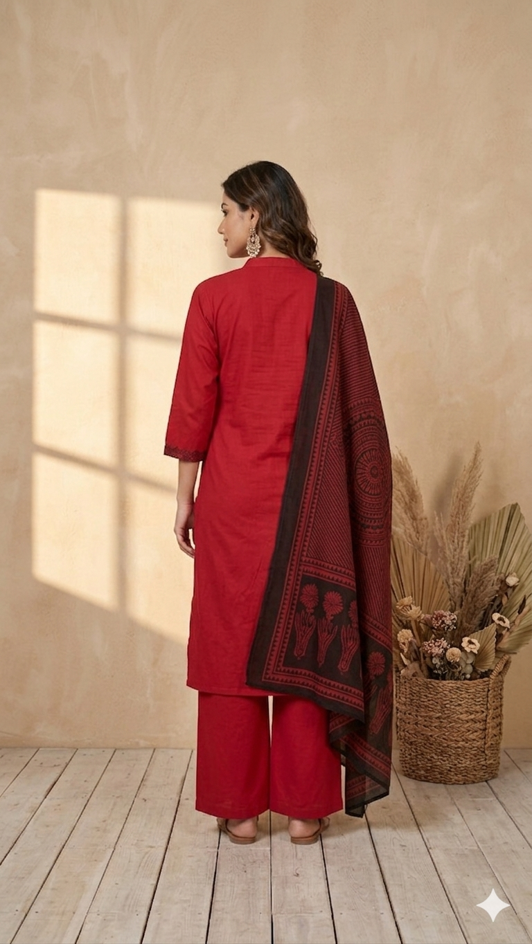 Inaayalina Maroon Red Cotton Kurta Set with Printed Dupatta
