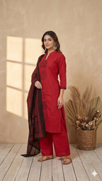 Inaayalina Maroon Red Cotton Kurta Set with Printed Dupatta