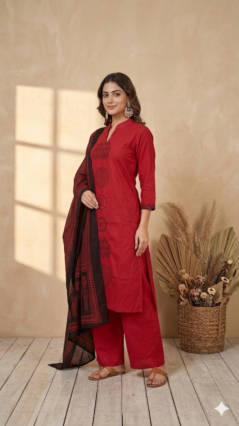 Inaayalina Maroon Red Cotton Kurta Set with Printed Dupatta