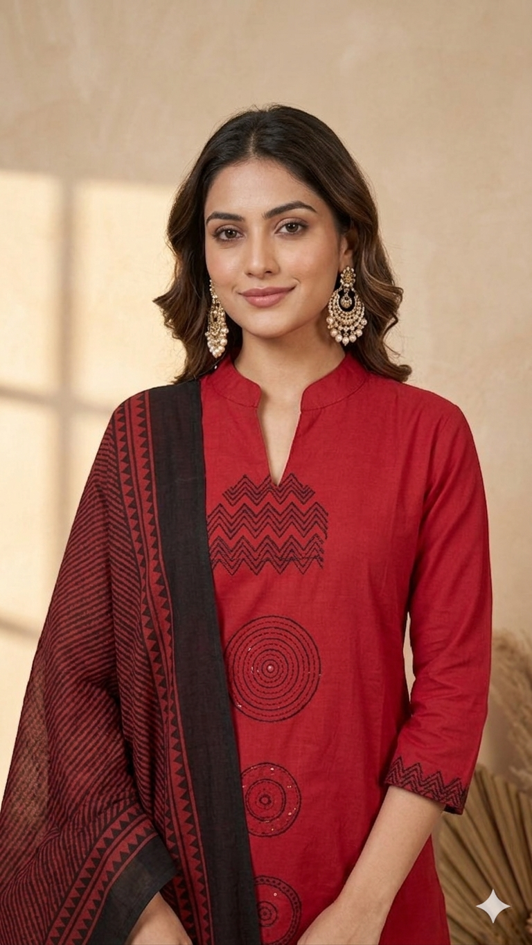 Inaayalina Maroon Red Cotton Kurta Set with Printed Dupatta