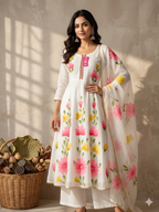 Inaayalina White Floral Painting Work Frock Set with Organza Dupatta
