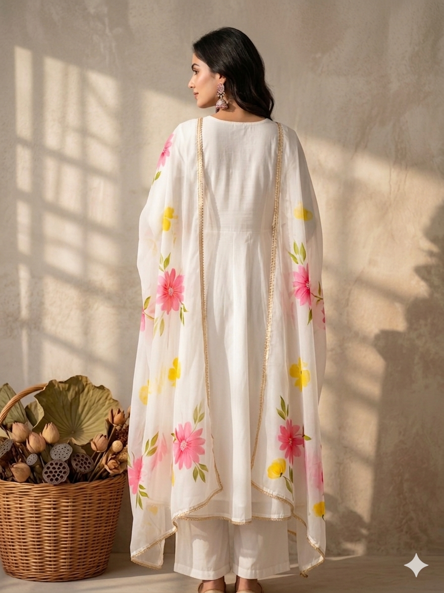 Inaayalina White Floral Painting Work Frock Set with Organza Dupatta