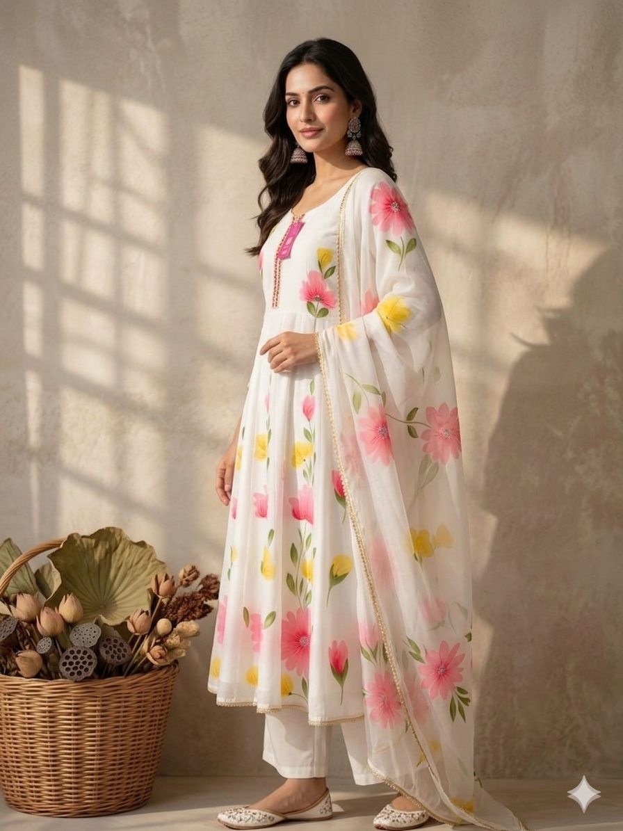 Inaayalina White Floral Painting Work Frock Set with Organza Dupatta