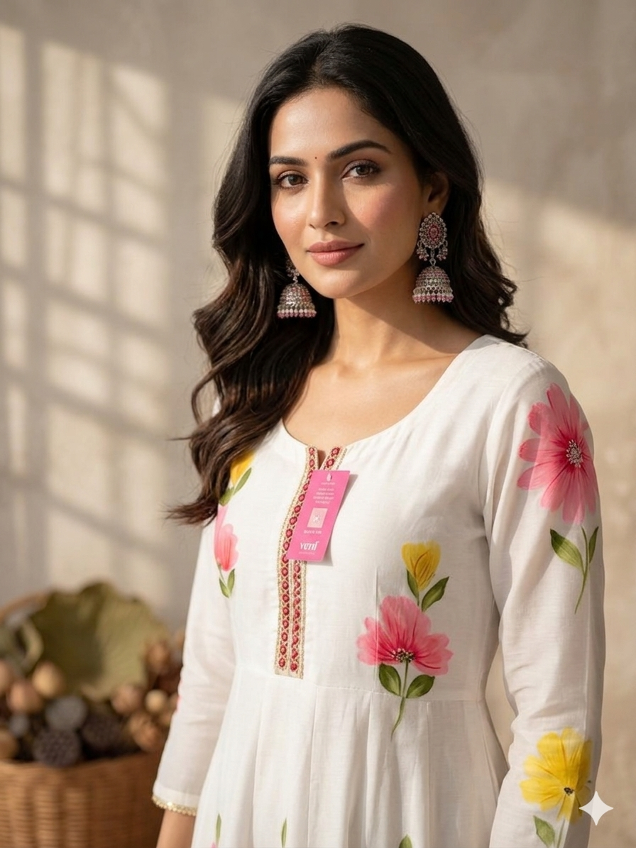 Inaayalina White Floral Painting Work Frock Set with Organza Dupatta