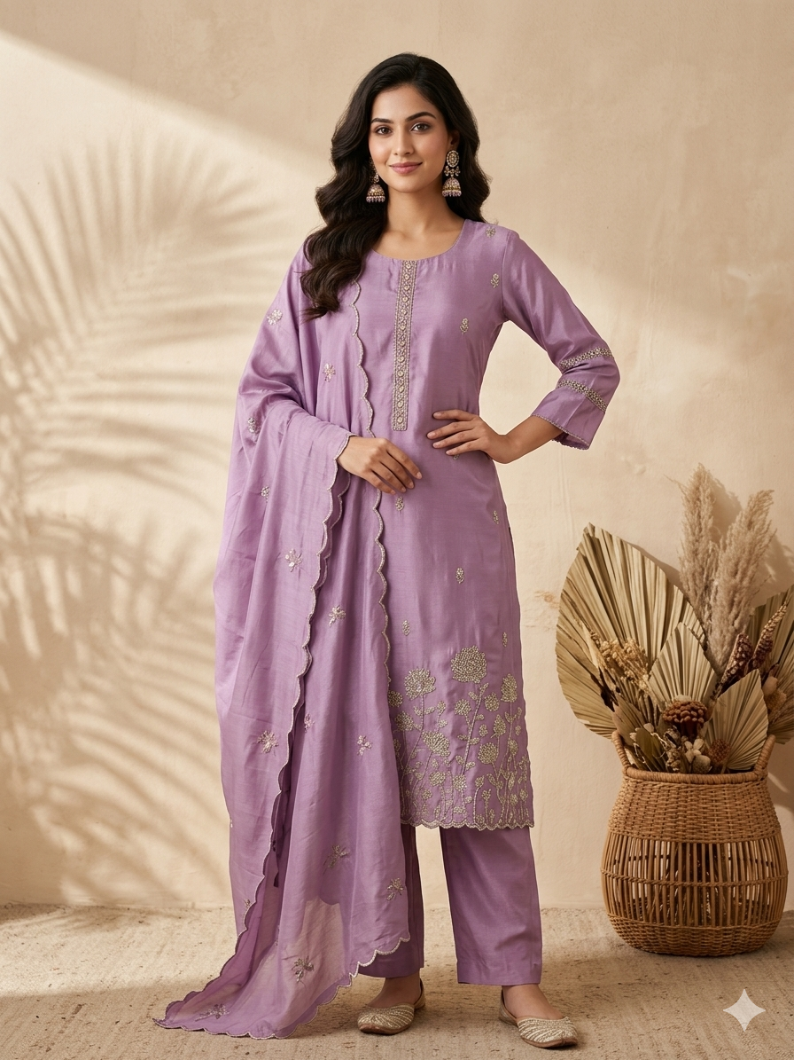 Inaayalina Lavender Premium Silk Hand-Work Kurta Set