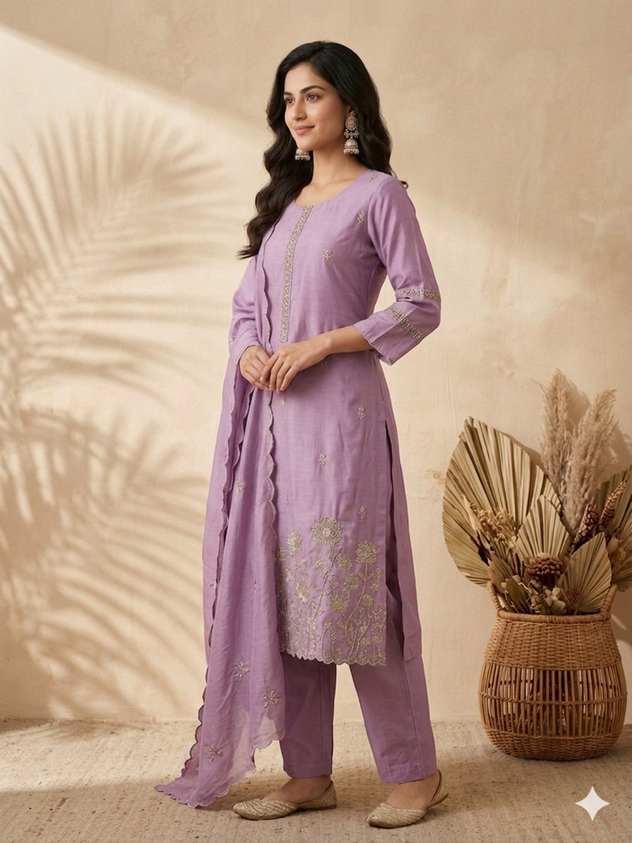Inaayalina Lavender Premium Silk Hand-Work Kurta Set