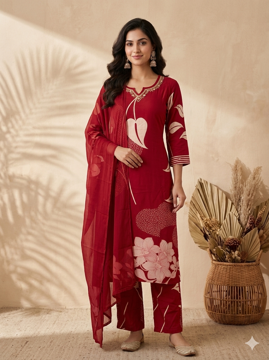 Inaayalina Maroon Cotton Printed Kurta Set with Chiffon Dupatta