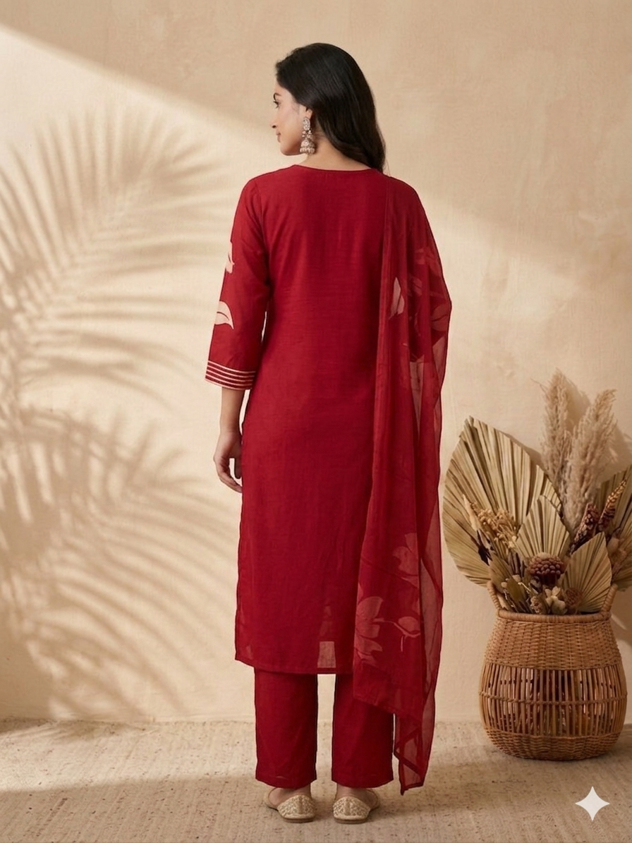 Inaayalina Maroon Cotton Printed Kurta Set with Chiffon Dupatta