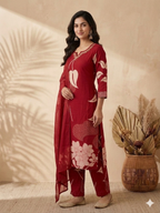 Inaayalina Maroon Cotton Printed Kurta Set with Chiffon Dupatta