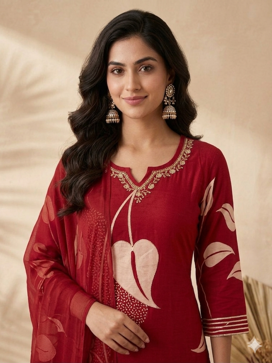 Inaayalina Maroon Cotton Printed Kurta Set with Chiffon Dupatta