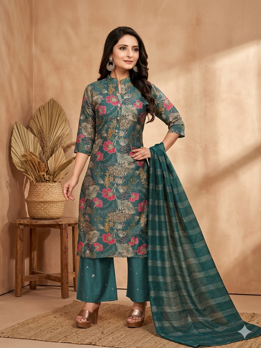 Inaayalina Teal Green Vatican Fabric Floral Kurta Set