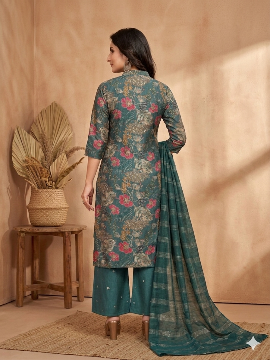 Inaayalina Teal Green Vatican Fabric Floral Kurta Set