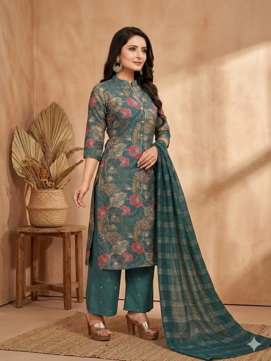 Inaayalina Teal Green Vatican Fabric Floral Kurta Set