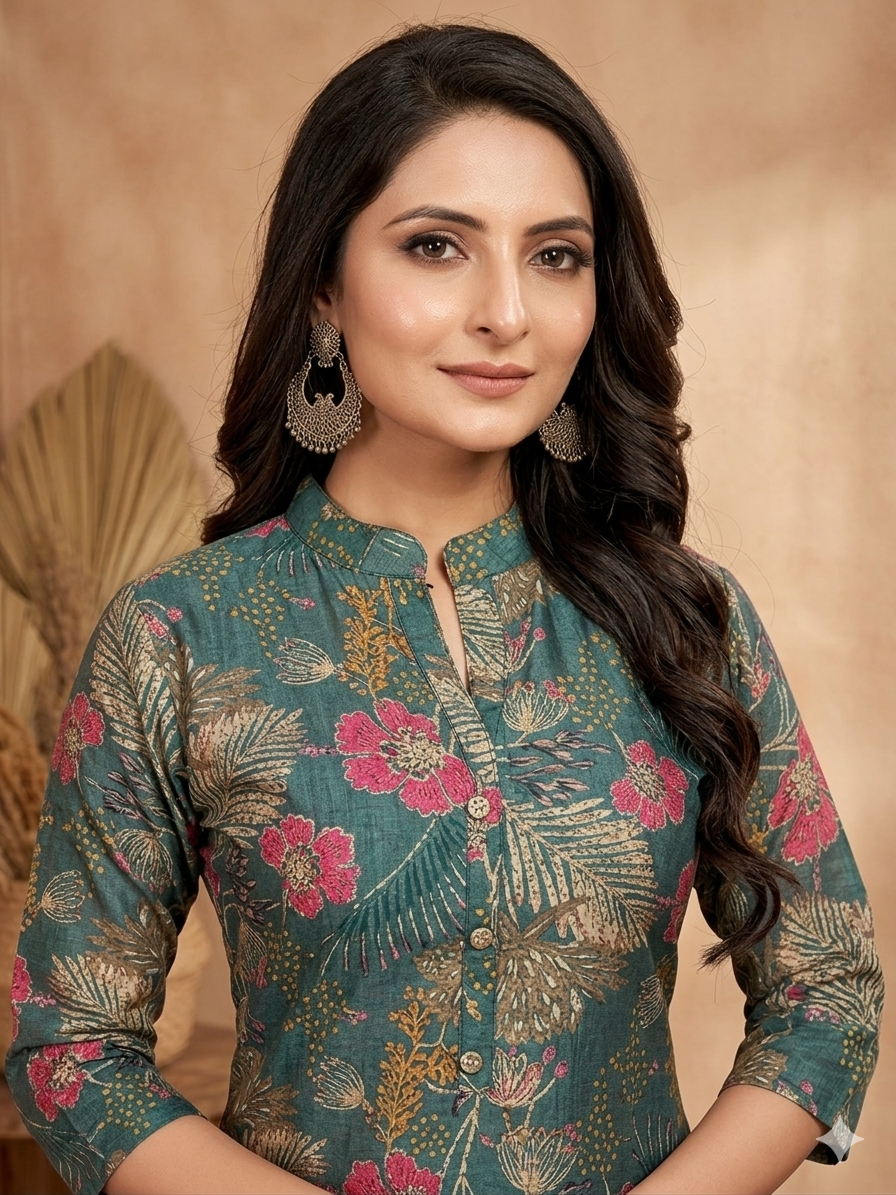 Inaayalina Teal Green Vatican Fabric Floral Kurta Set