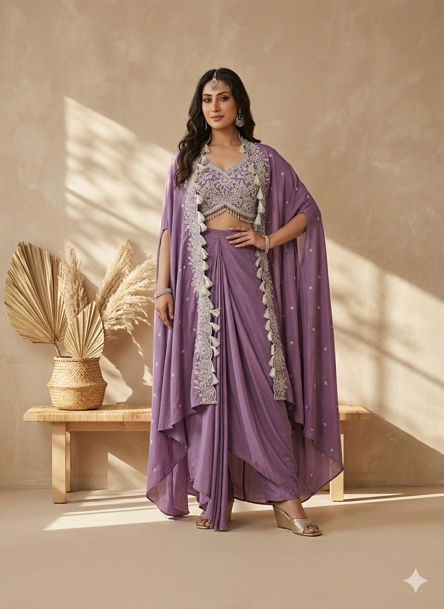 Inaayalina Lavender Wedding Wear Dhoti Set with Embroidered Blouse & Jacket