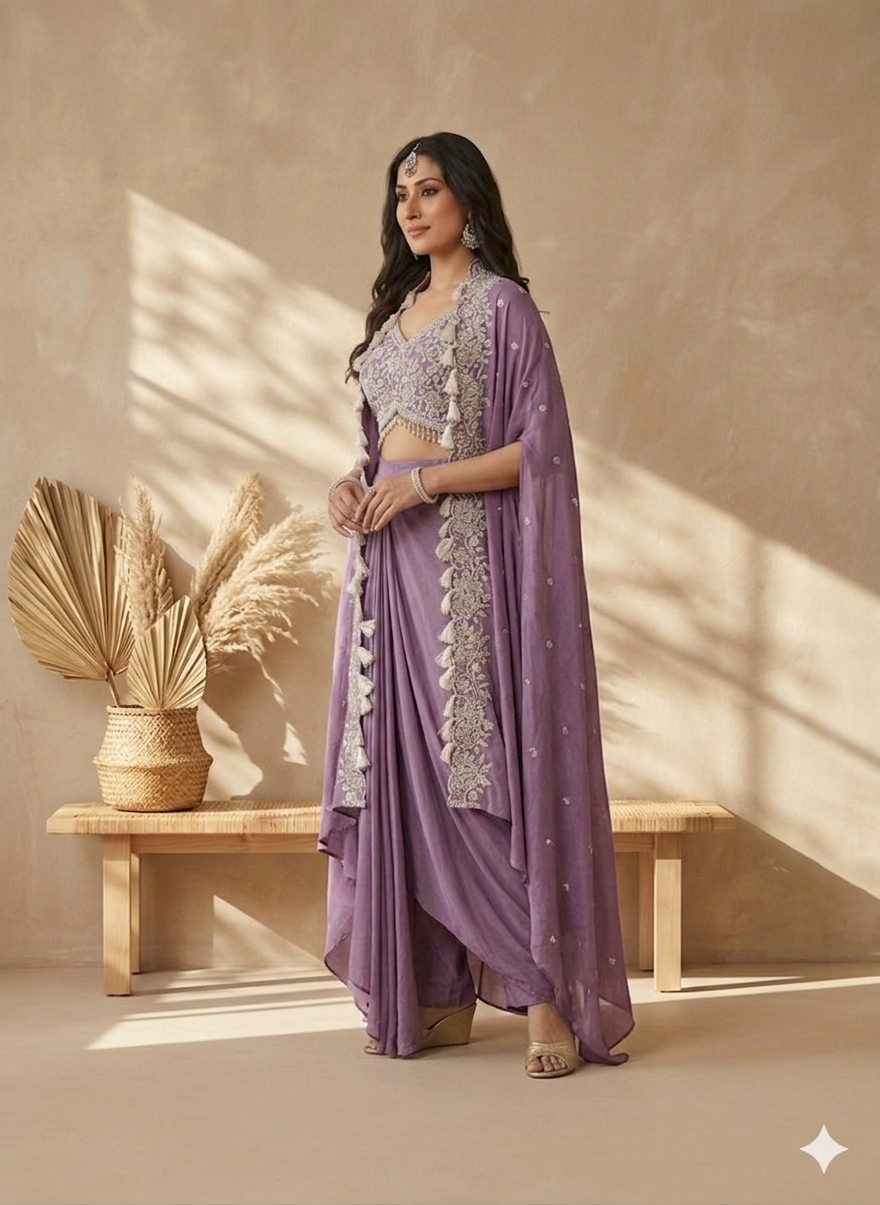 Inaayalina Lavender Wedding Wear Dhoti Set with Embroidered Blouse & Jacket