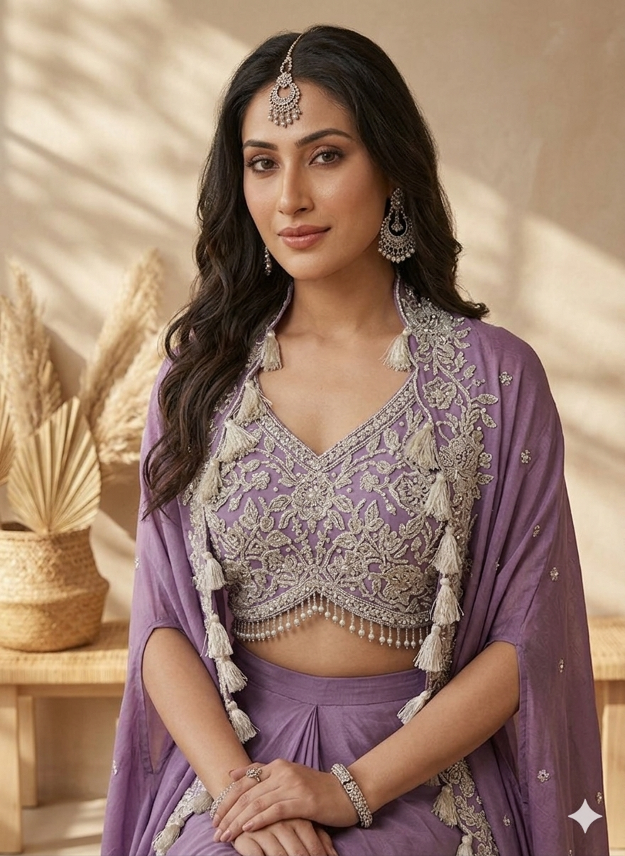 Inaayalina Lavender Wedding Wear Dhoti Set with Embroidered Blouse & Jacket