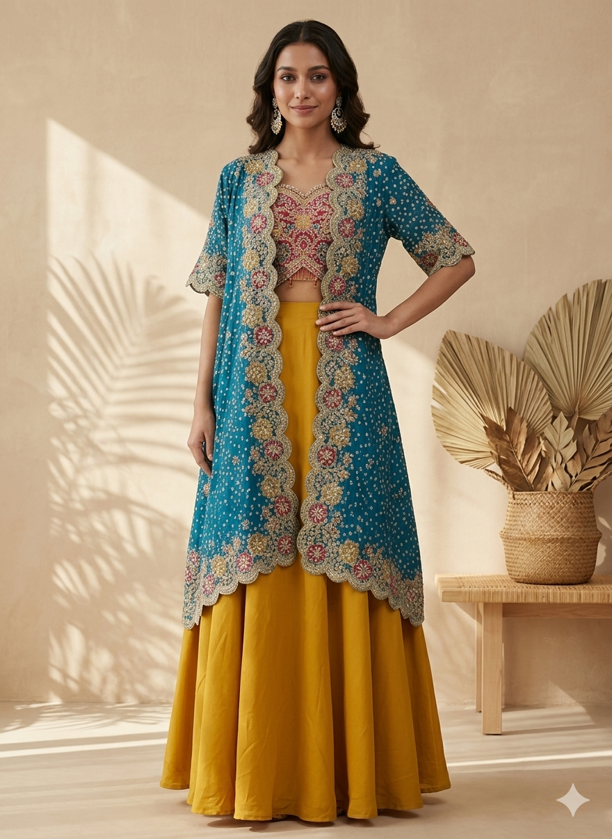 Inaayalina Teal & Mustard Wedding Wear Dhoti Set with Scalloped Jacket