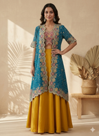 Inaayalina Teal & Mustard Wedding Wear Dhoti Set with Scalloped Jacket