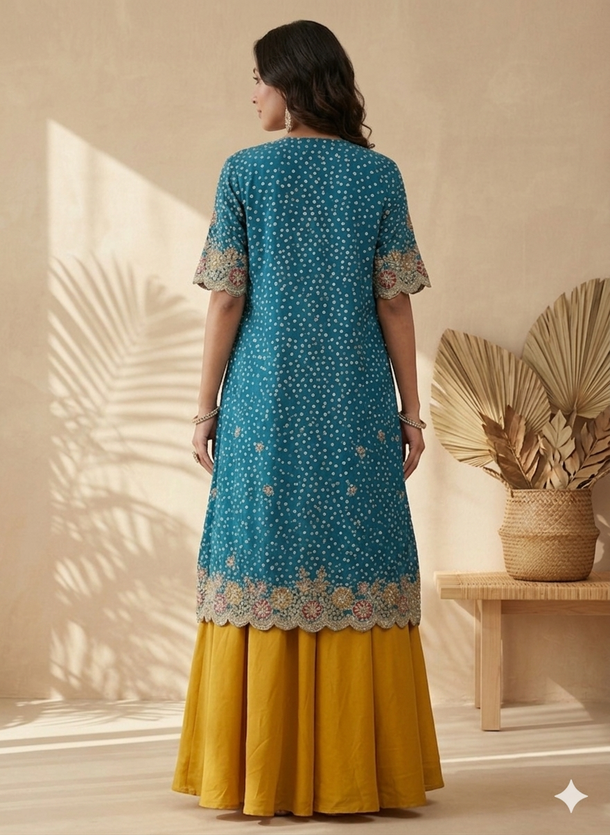 Inaayalina Teal & Mustard Wedding Wear Dhoti Set with Scalloped Jacket