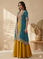 Inaayalina Teal & Mustard Wedding Wear Dhoti Set with Scalloped Jacket