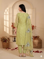 Inaayalina Olive Green Silk Party Wear Kurta Set with Organza Dupatta