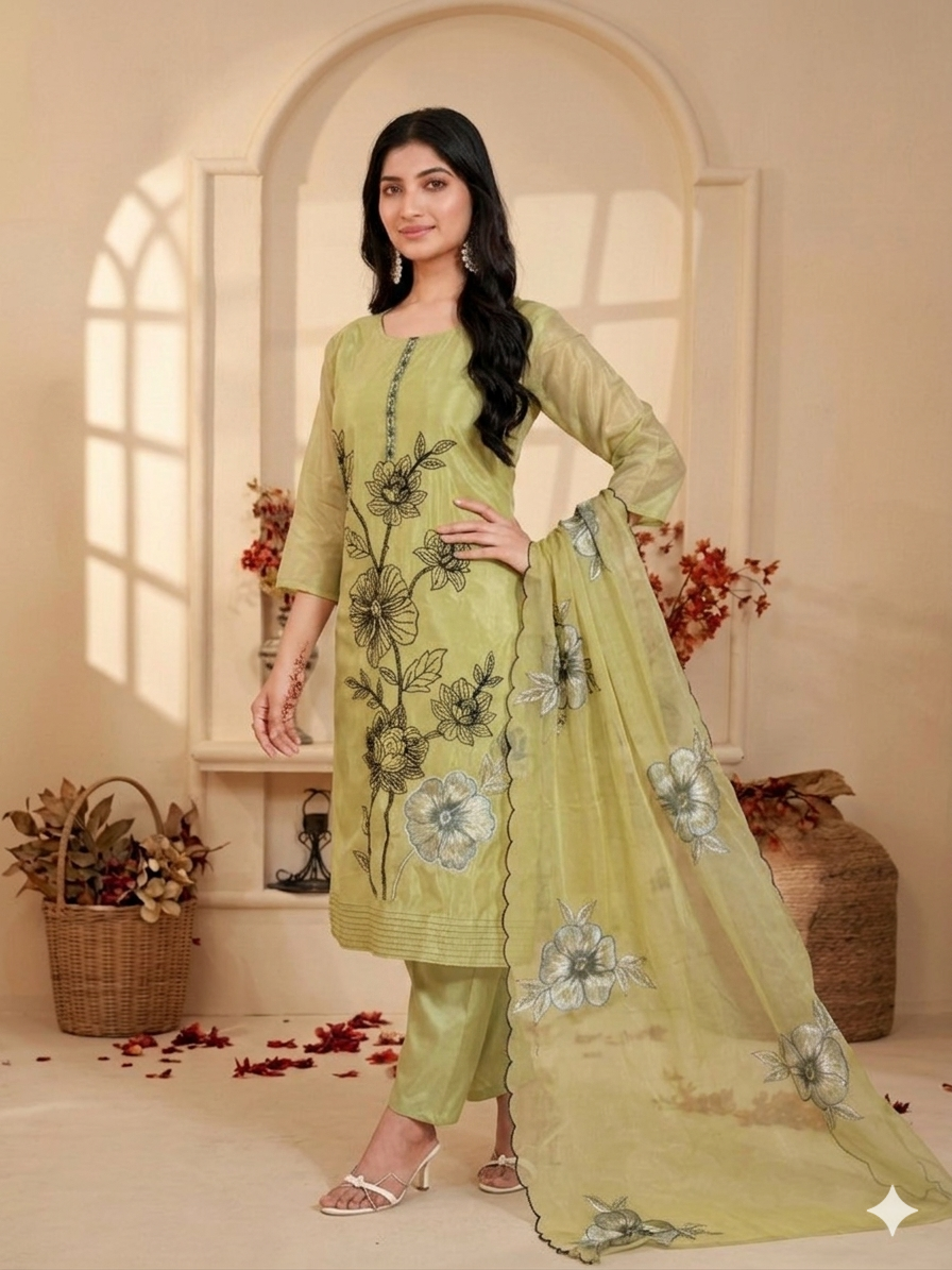 Inaayalina Olive Green Silk Party Wear Kurta Set with Organza Dupatta