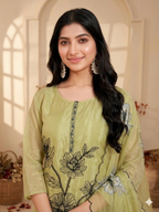 Inaayalina Olive Green Silk Party Wear Kurta Set with Organza Dupatta