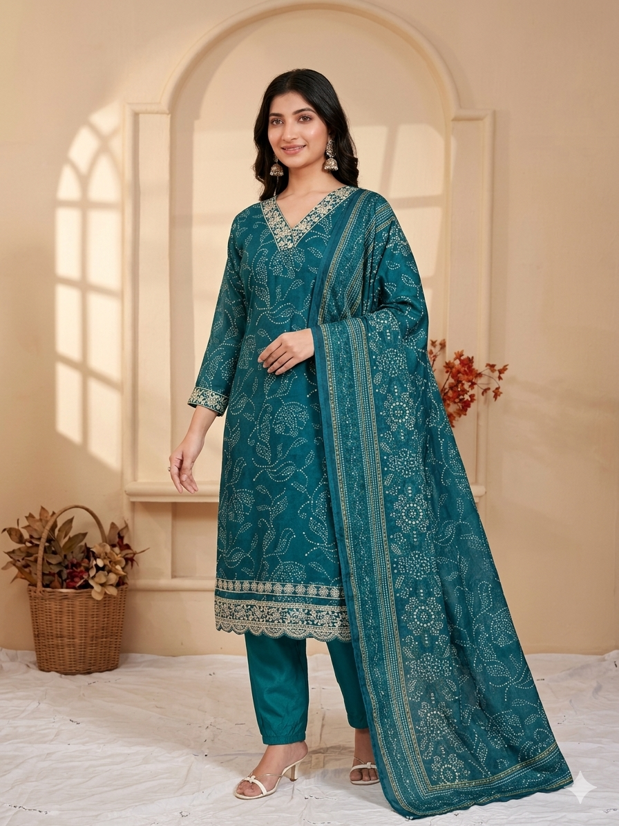 Inaayalina Teal Blue Roman Silk Embroidered Kurta Set