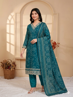 Inaayalina Teal Blue Roman Silk Embroidered Kurta Set