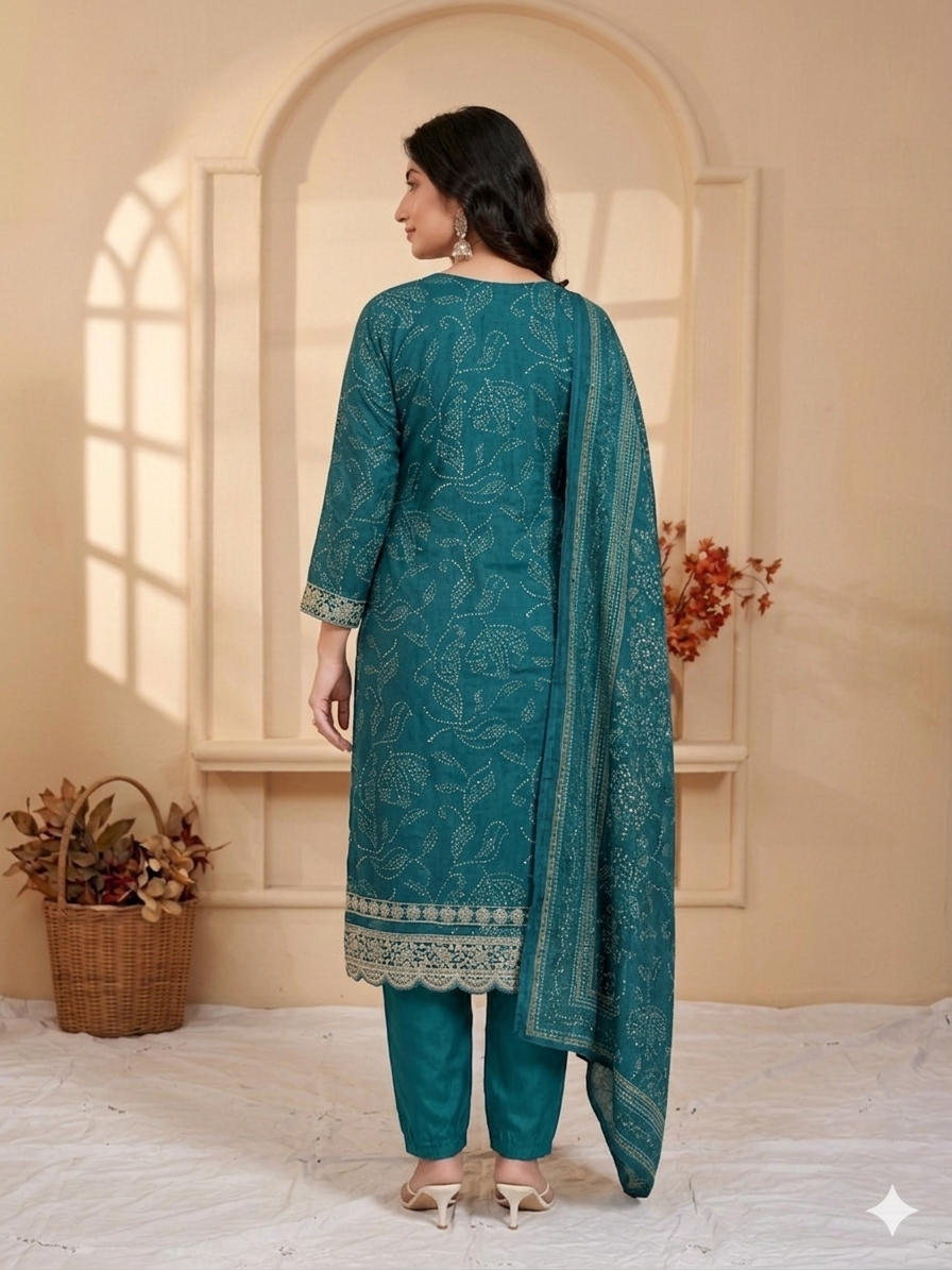 Inaayalina Teal Blue Roman Silk Embroidered Kurta Set