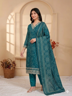 Inaayalina Teal Blue Roman Silk Embroidered Kurta Set