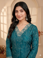 Inaayalina Teal Blue Roman Silk Embroidered Kurta Set