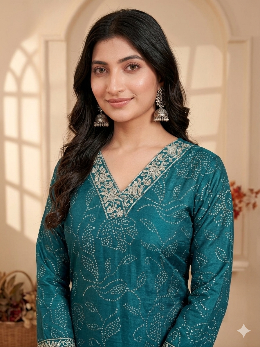 Inaayalina Teal Blue Roman Silk Embroidered Kurta Set