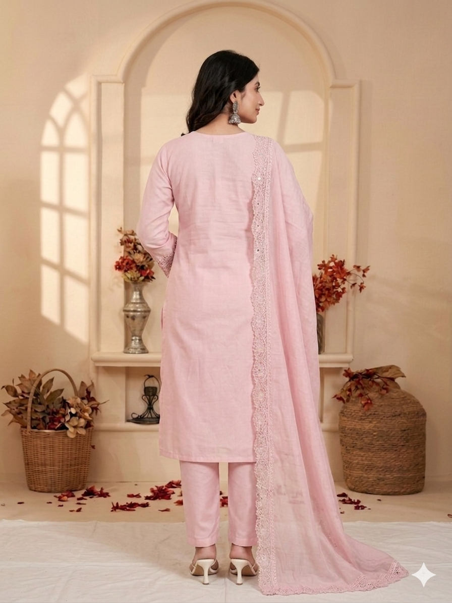 Inaayalina Baby Pink Roman Silk Mirror Work Kurta Set