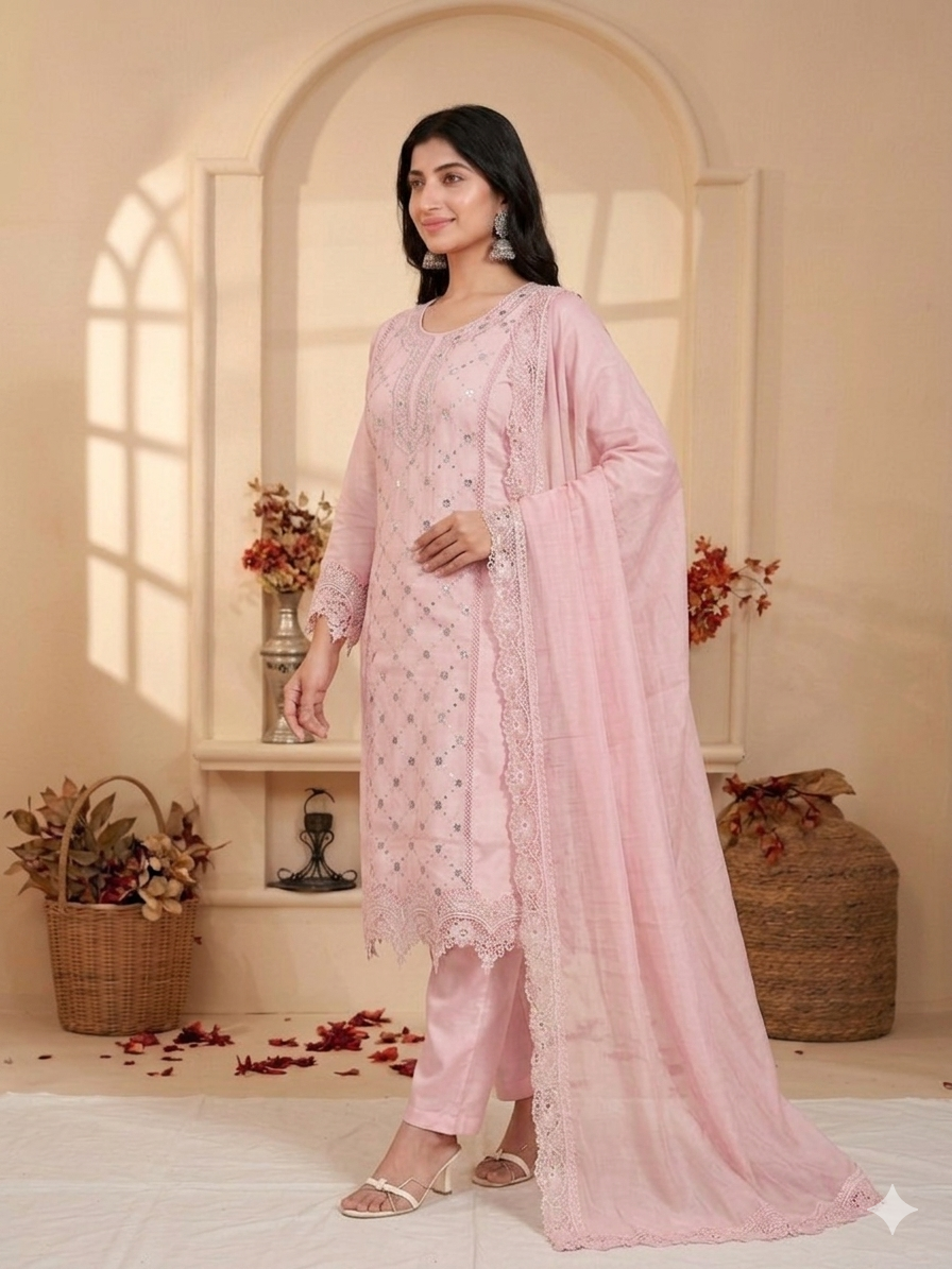 Inaayalina Baby Pink Roman Silk Mirror Work Kurta Set