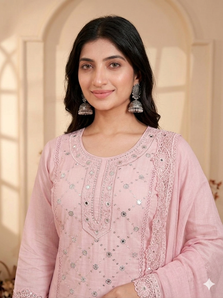 Inaayalina Baby Pink Roman Silk Mirror Work Kurta Set