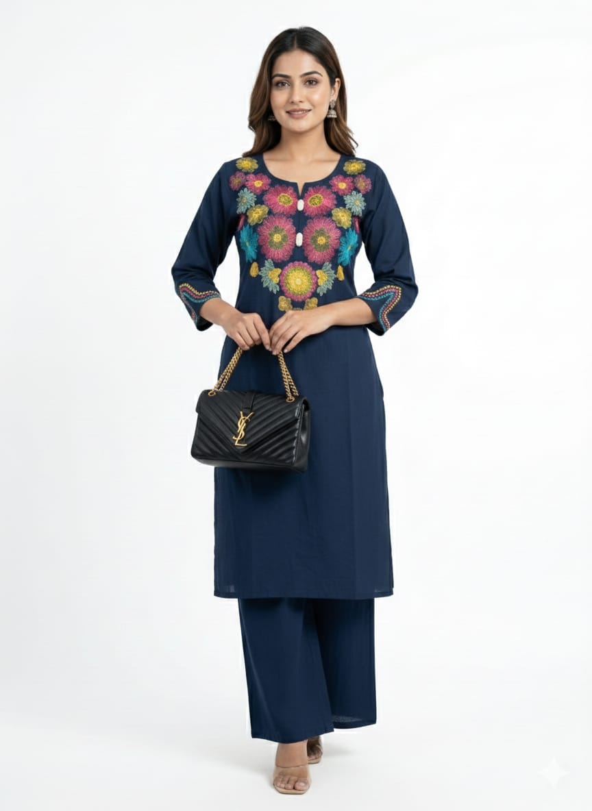Inaayalina Premium Navy Blue Cotton Co-ord Set with Thread Embroidery - Stylish Office Wear