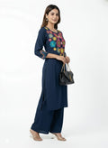 Inaayalina Premium Navy Blue Cotton Co-ord Set with Thread Embroidery - Stylish Office Wear