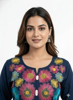 Inaayalina Premium Navy Blue Cotton Co-ord Set with Thread Embroidery - Stylish Office Wear