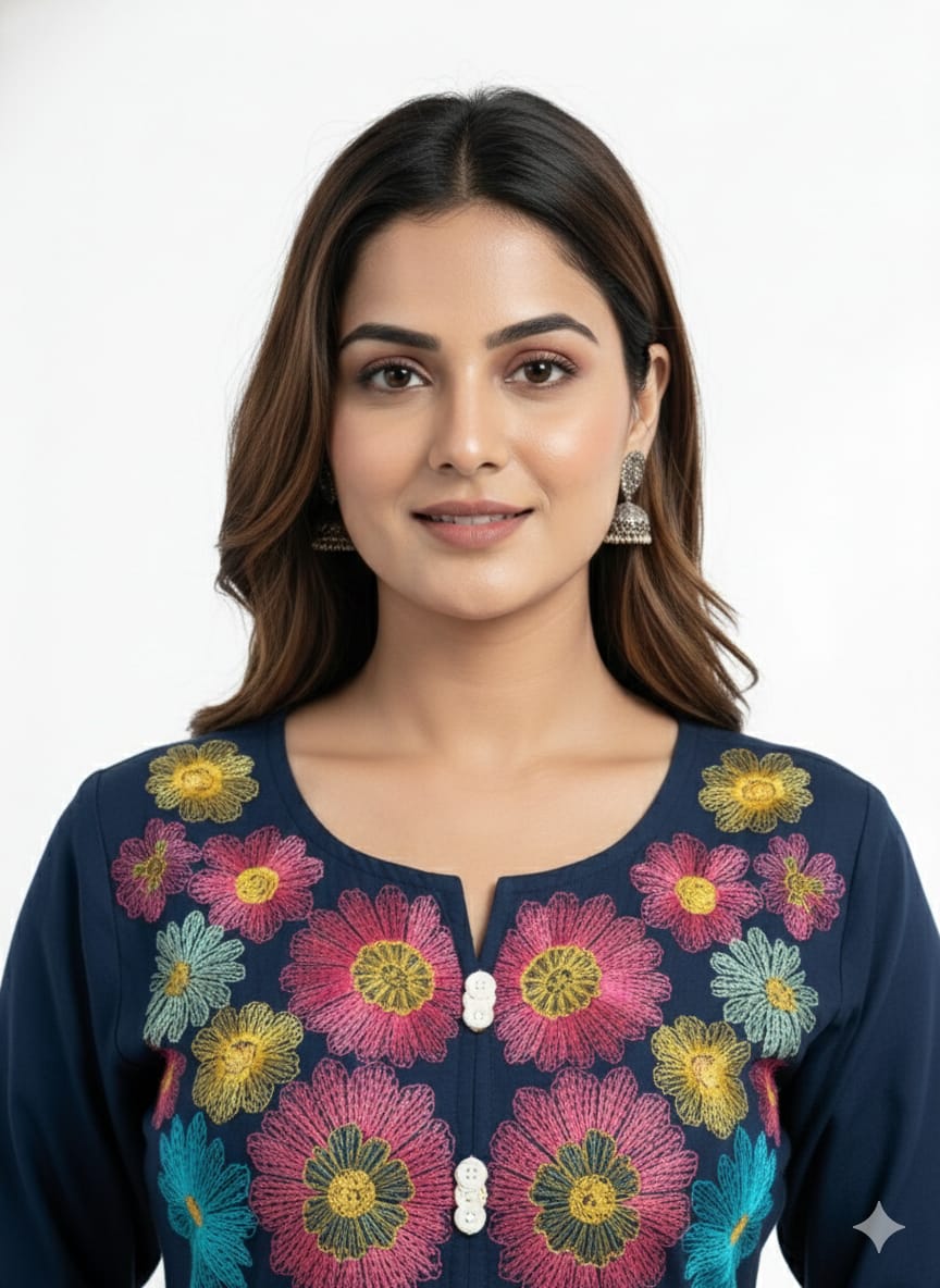 Inaayalina Premium Navy Blue Cotton Co-ord Set with Thread Embroidery - Stylish Office Wear