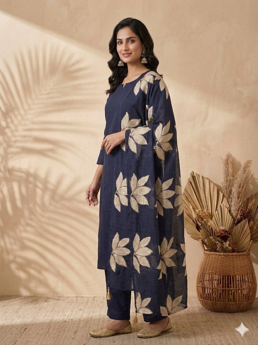 Inaayalina Navy Blue Cotton Kurta Set with Leaf Embroidery